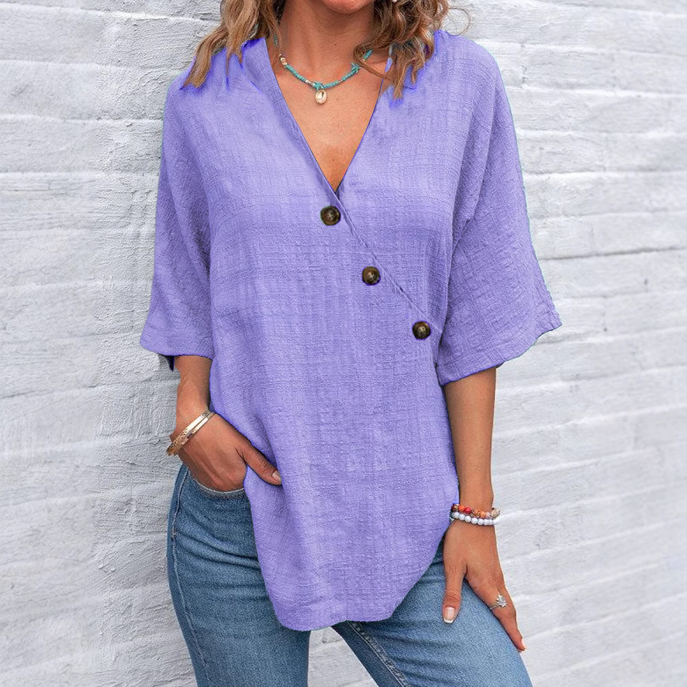 Women'S Irregular V-Neck Cotton And Linen Top
