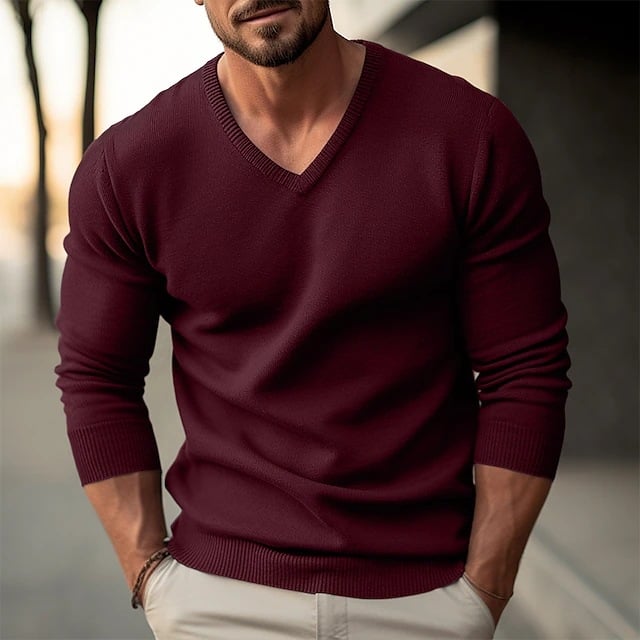 Men's Solid Color Casual V-Neck Sweater