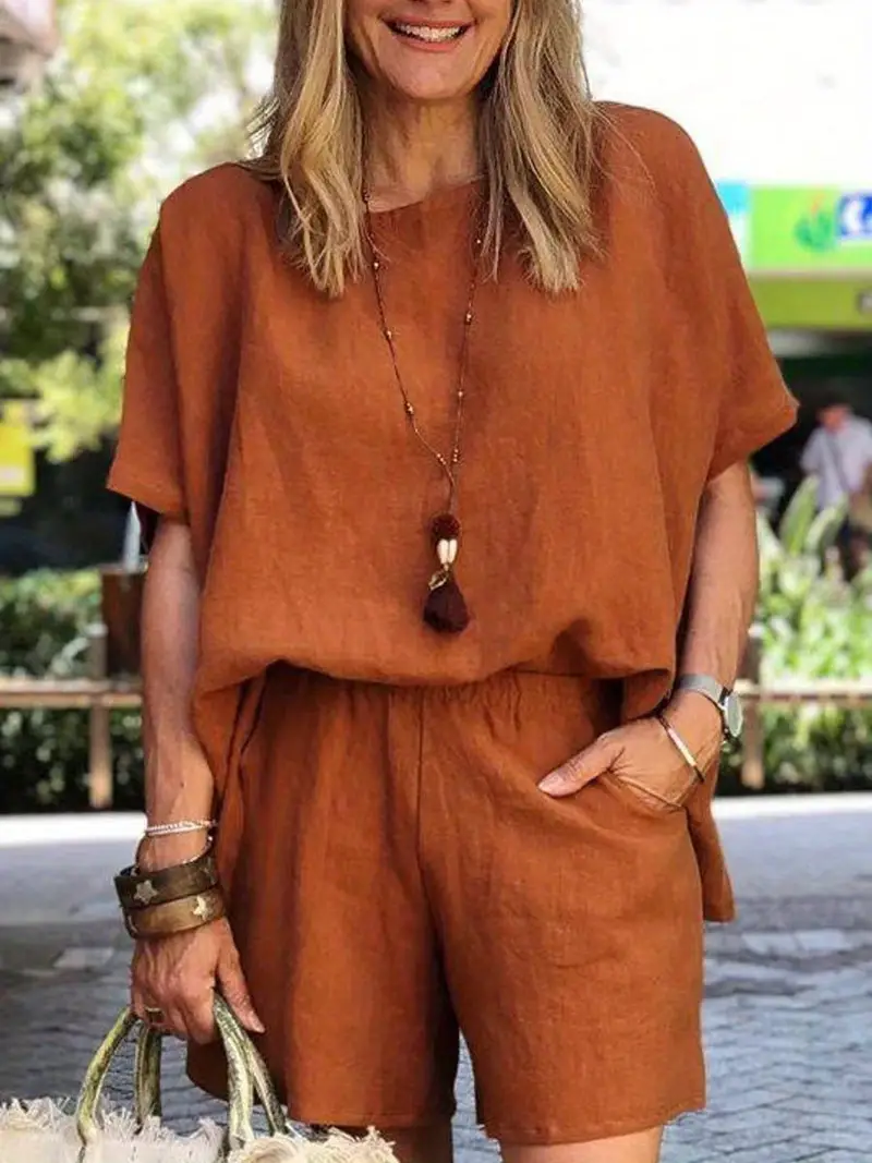 plus size casual outfits set womens plus solid drop shoulder short sleeve round neck tee shorts outfits two piece set details 1