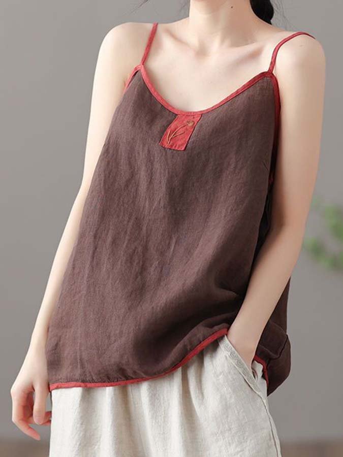 Women's Cotton Linen Embroidered Colorblock Loose Sling Top