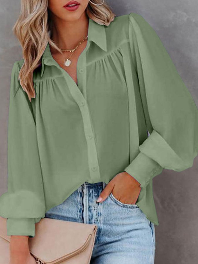 Solid Button-Up Balloon Sleeve Pleated Shirt