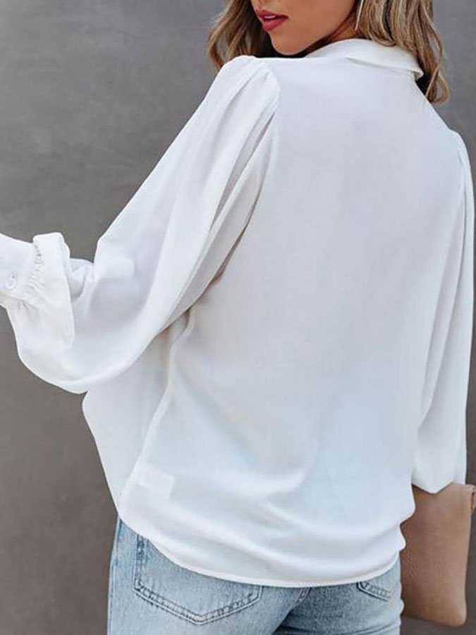 Solid Button-Up Balloon Sleeve Pleated Shirt
