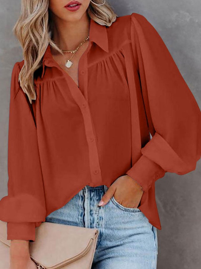 Solid Button-Up Balloon Sleeve Pleated Shirt
