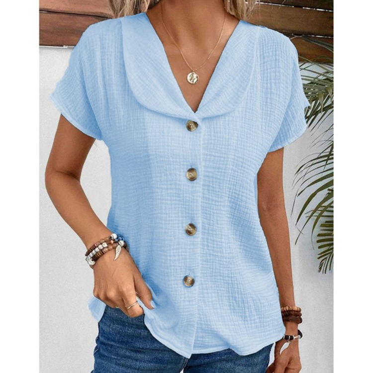 Amazon 2024 Summer New European And American Cross-Border Solid Color Short-Sleeved Cardigan Button Women'S Top Thin