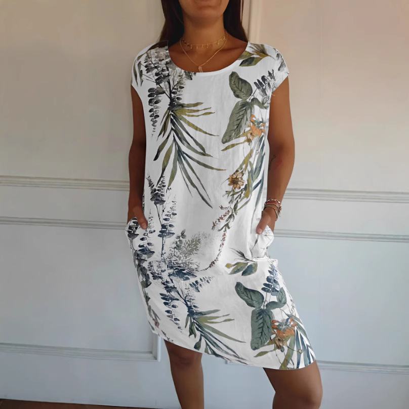 New Round Neck Pocket Loose Printed Short Sleeve Dress