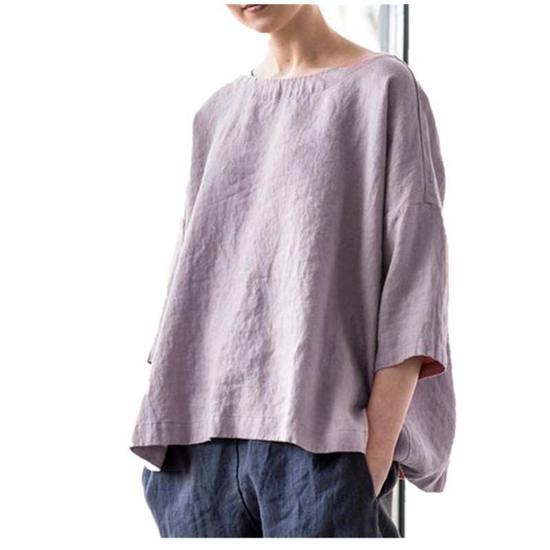 Round neck cotton and linen loose top versatile literary retro style shirt top