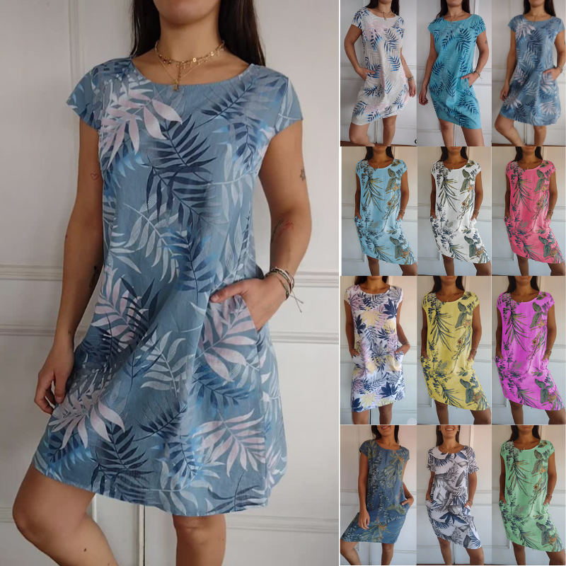 New Round Neck Pocket Loose Printed Short Sleeve Dress