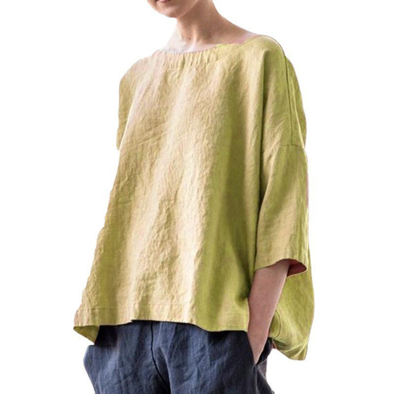 Round neck cotton and linen loose top versatile literary retro style shirt top