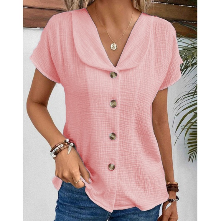 Amazon 2024 Summer New European And American Cross-Border Solid Color Short-Sleeved Cardigan Button Women'S Top Thin