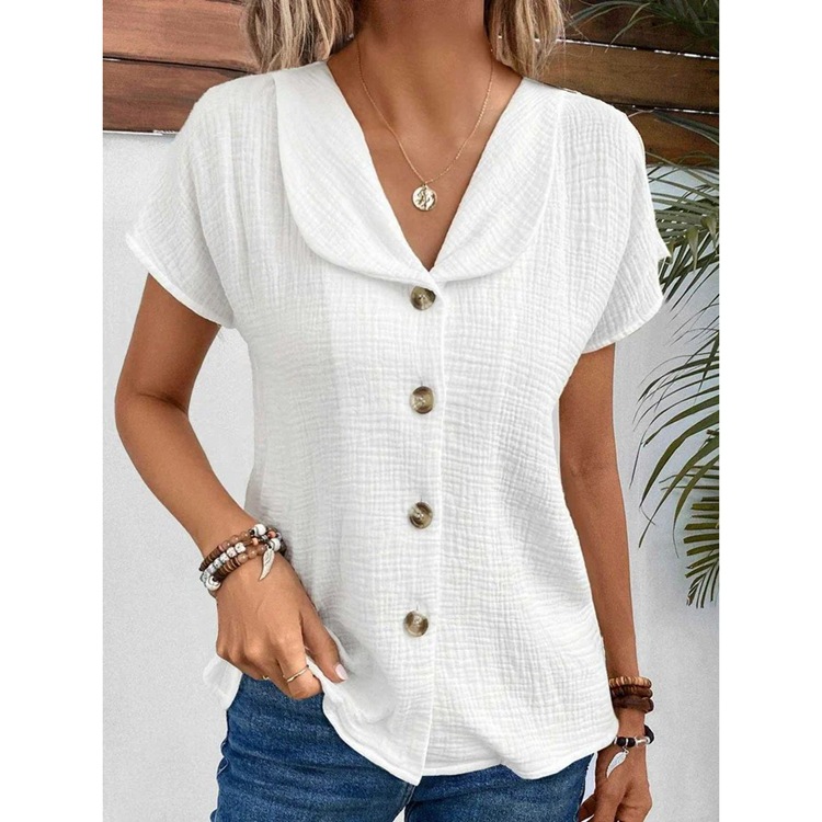 Amazon 2024 Summer New European And American Cross-Border Solid Color Short-Sleeved Cardigan Button Women'S Top Thin
