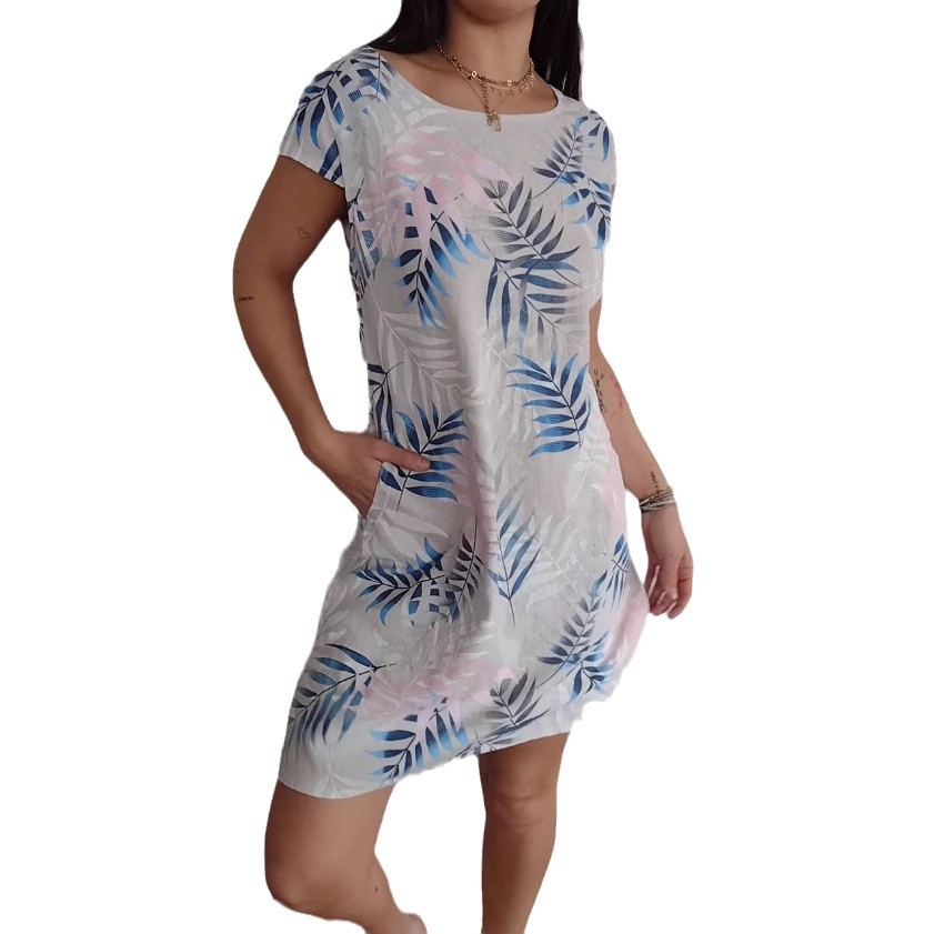 New Round Neck Pocket Loose Printed Short Sleeve Dress