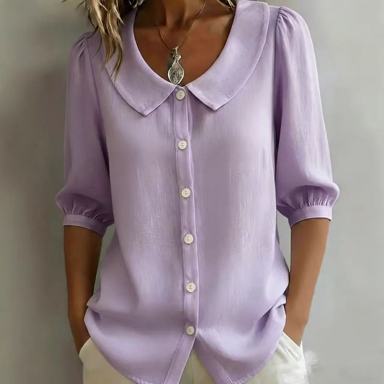 Retro Peter Pan Collar Button-up Cotton Shirt