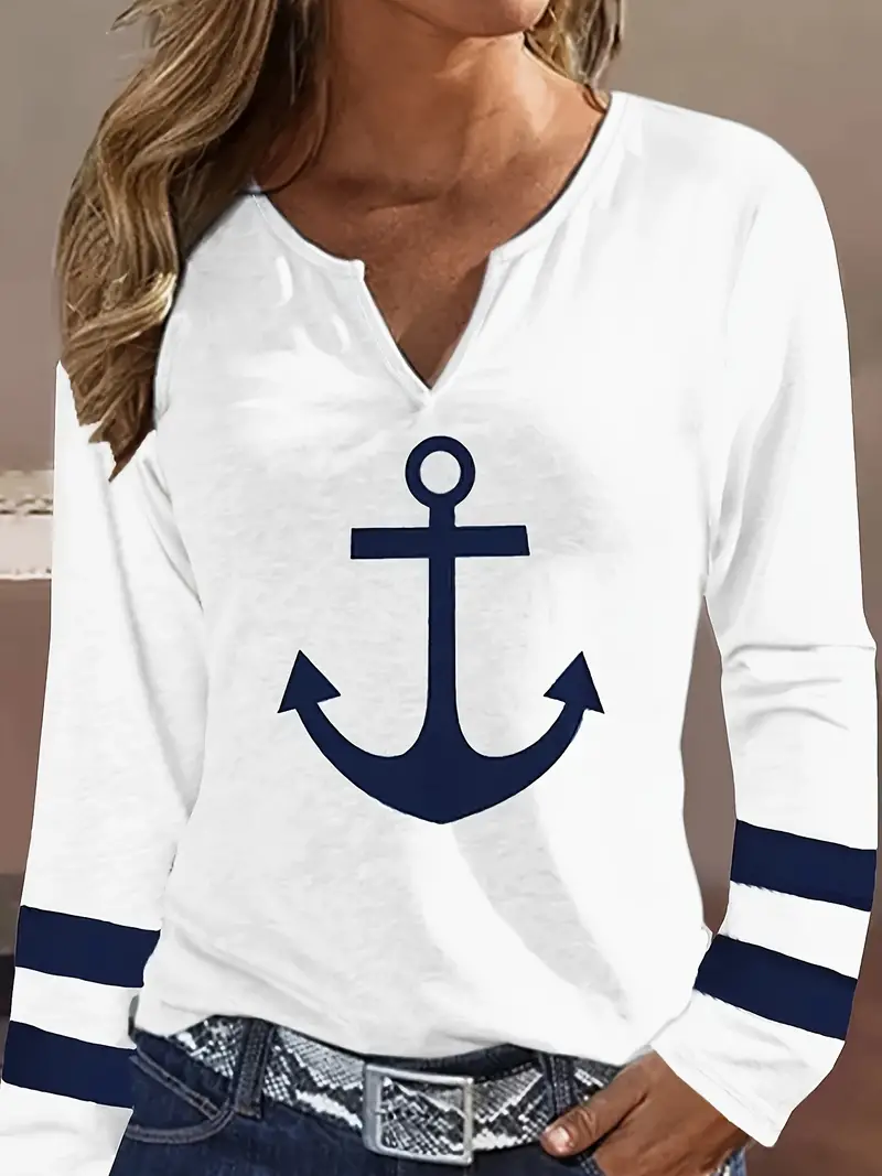 anchor print t shirt casual notched neck long sleeve top for spring fall womens clothing details 1