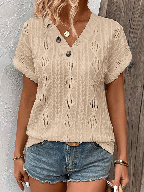 Loose Short Sleeves Buttoned Solid Color V-Neck T-Shirts Tops