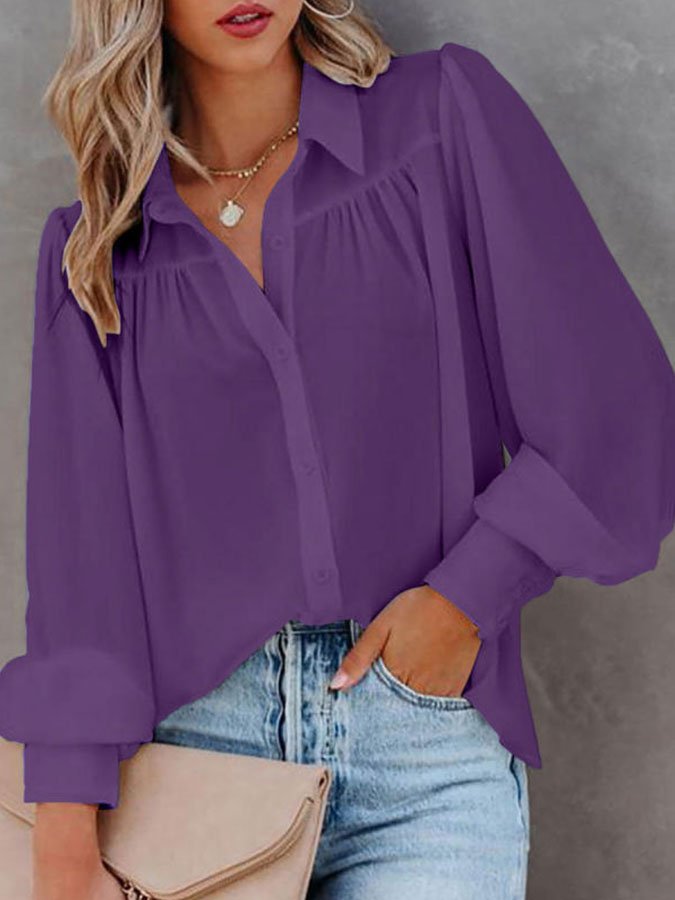 Solid Button-Up Balloon Sleeve Pleated Shirt