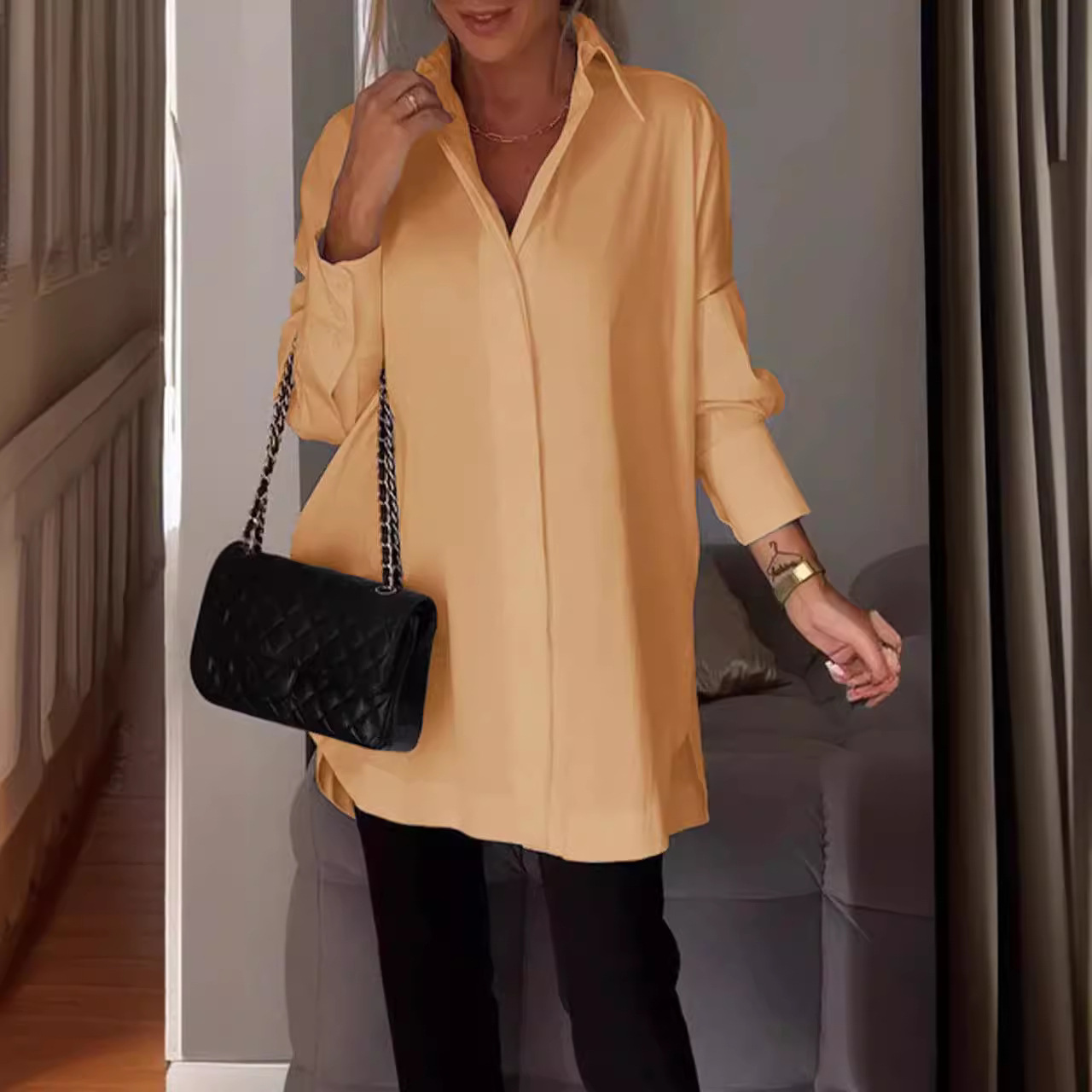 Women Long Sleeve Blouse Lapel Slit Shirt
