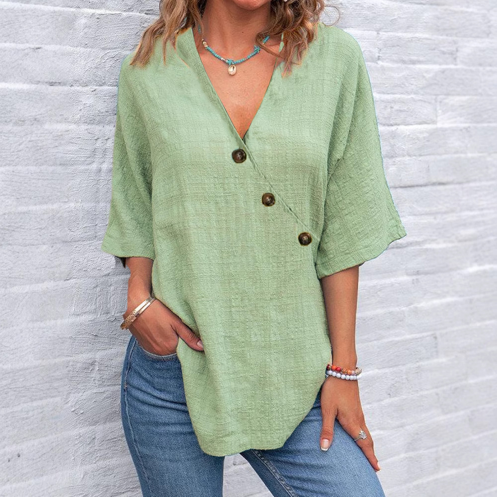 Women'S Irregular V-Neck Cotton And Linen Top
