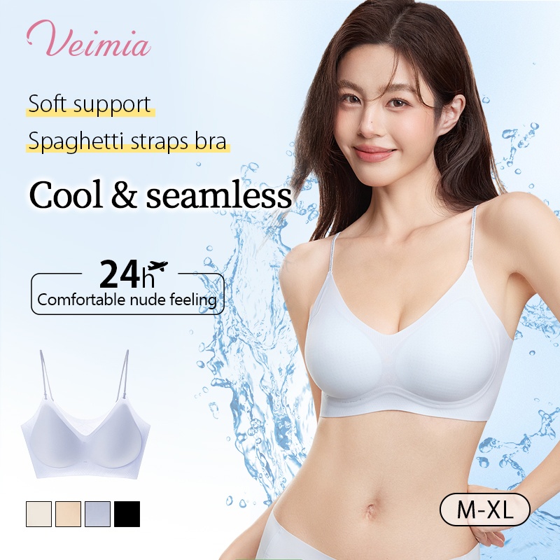VEIMIA Cooling Seamless Bra Refreshing Summer, Nude Feeling Soft Support Invisible Spaghetti Straps Bra