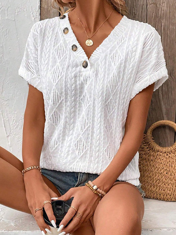 Loose Short Sleeves Buttoned Solid Color V-Neck T-Shirts Tops