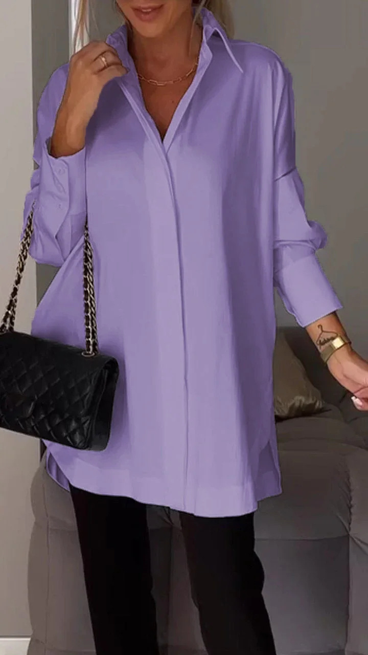 Women Long Sleeve Blouse Lapel Slit Shirt