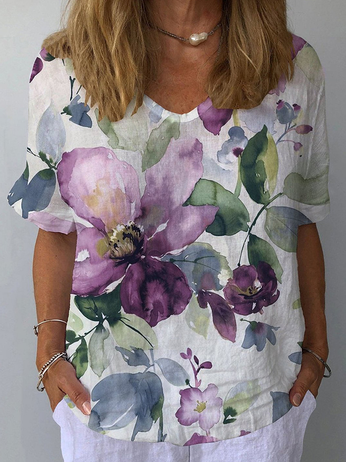 Ink Floral Print Casual Short Sleeve T-Shirts