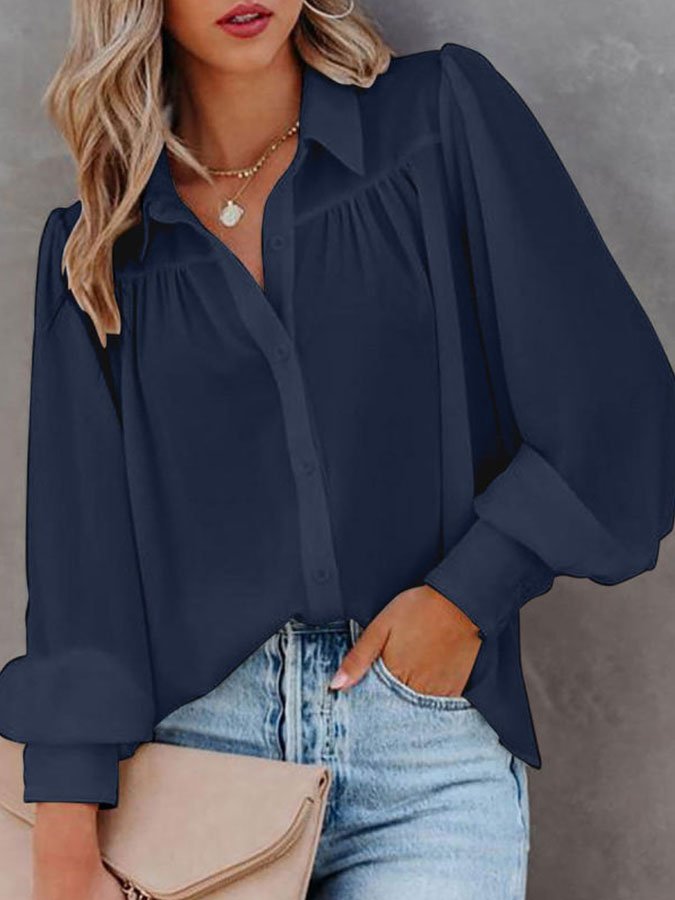 Solid Button-Up Balloon Sleeve Pleated Shirt