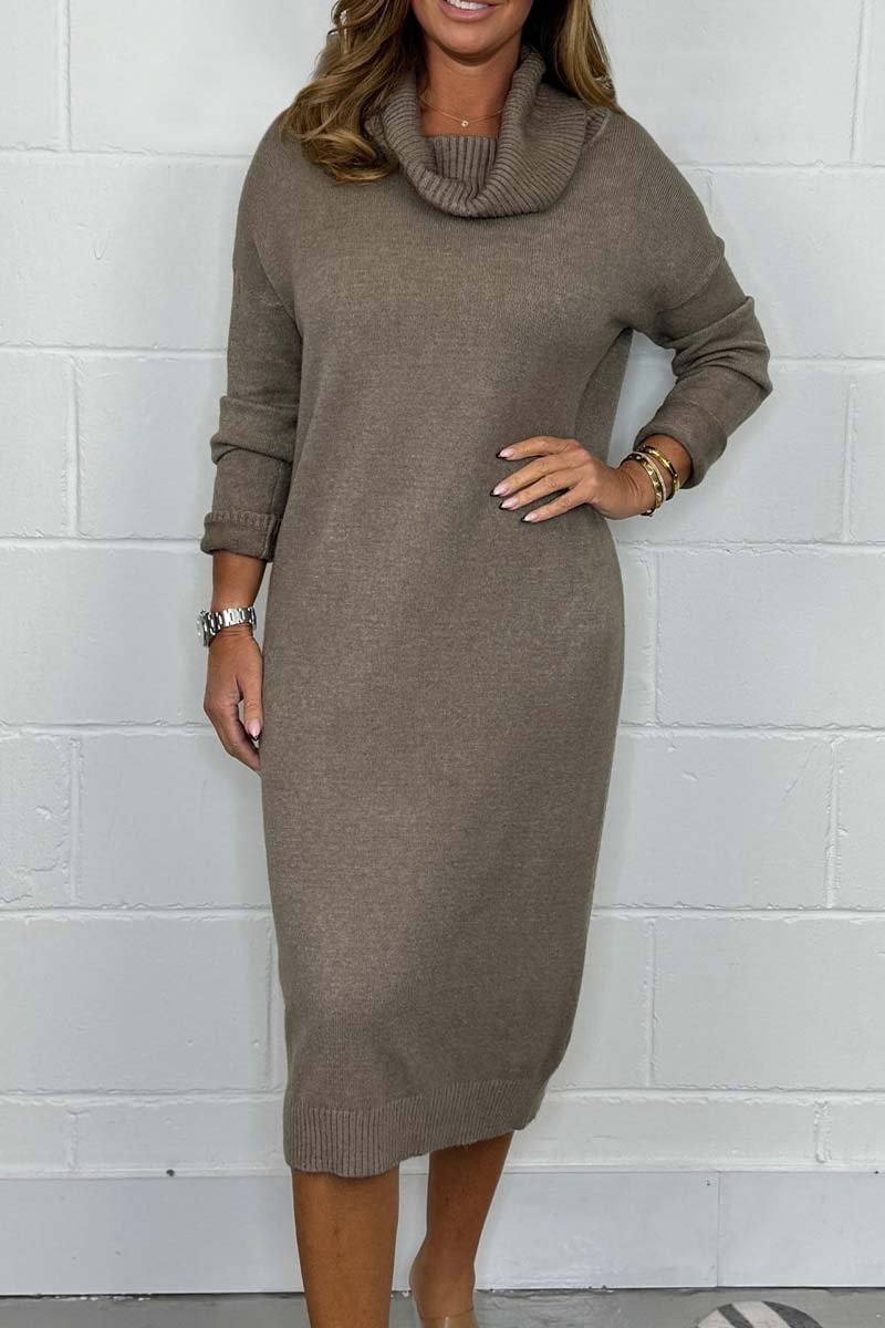 Women's Knit Solid Color High Neck Midi Dress