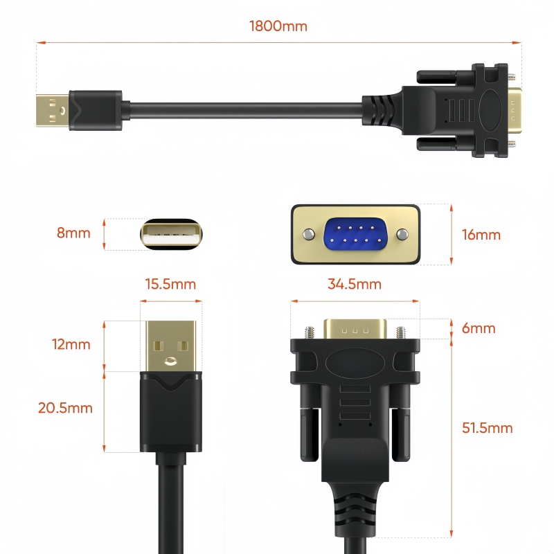 Gold-plated USB A to DB9 Male Serial Adapter Cable