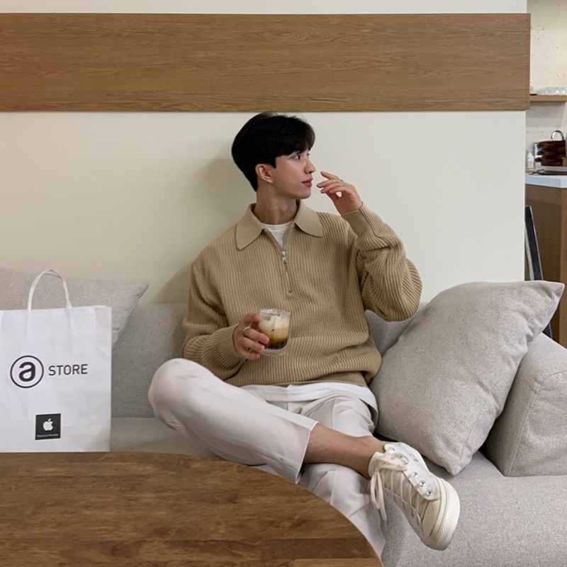 POLO collar sweater men's winter thickened loose half-zip sweater autumn and winter lazy Japanese retro trendy brand jacket