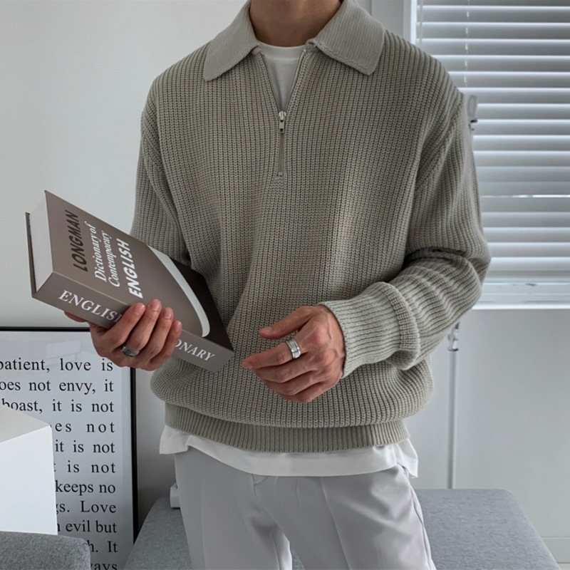 POLO collar sweater men's winter thickened loose half-zip sweater autumn and winter lazy Japanese retro trendy brand jacket