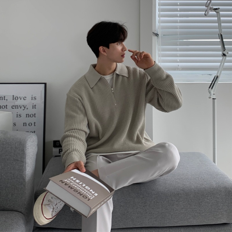 POLO collar sweater men's winter thickened loose half-zip sweater autumn and winter lazy Japanese retro trendy brand jacket