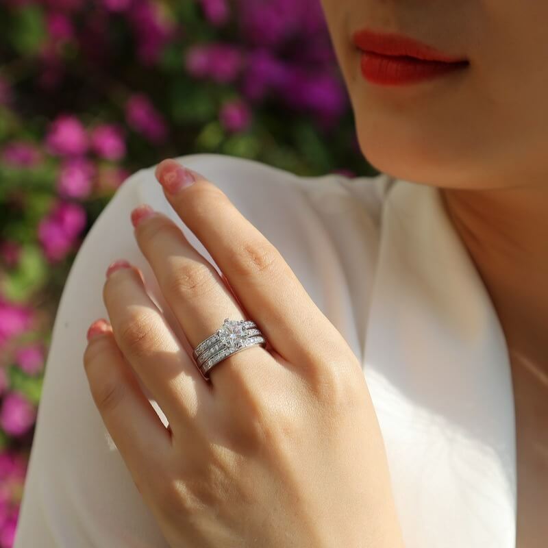 MARDAZA Classic 3PCS Round Cut Sterling Silver Moissanite Ring Set