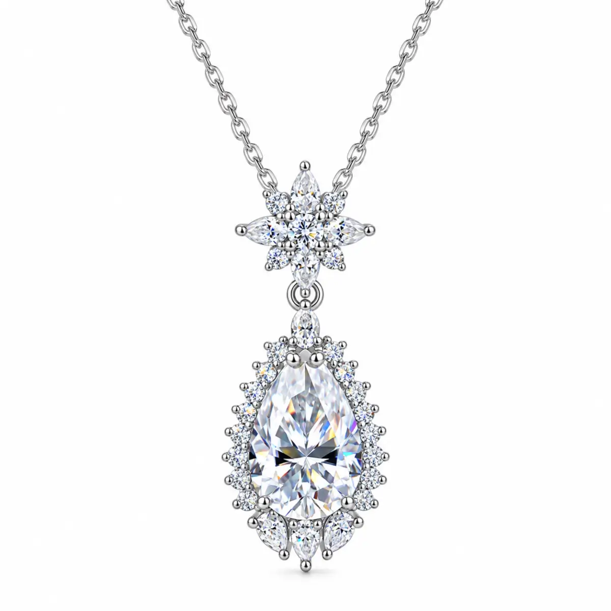 MARDAZA Floral Teardrop Pear Cut Sterling Silver Moissanite Necklace