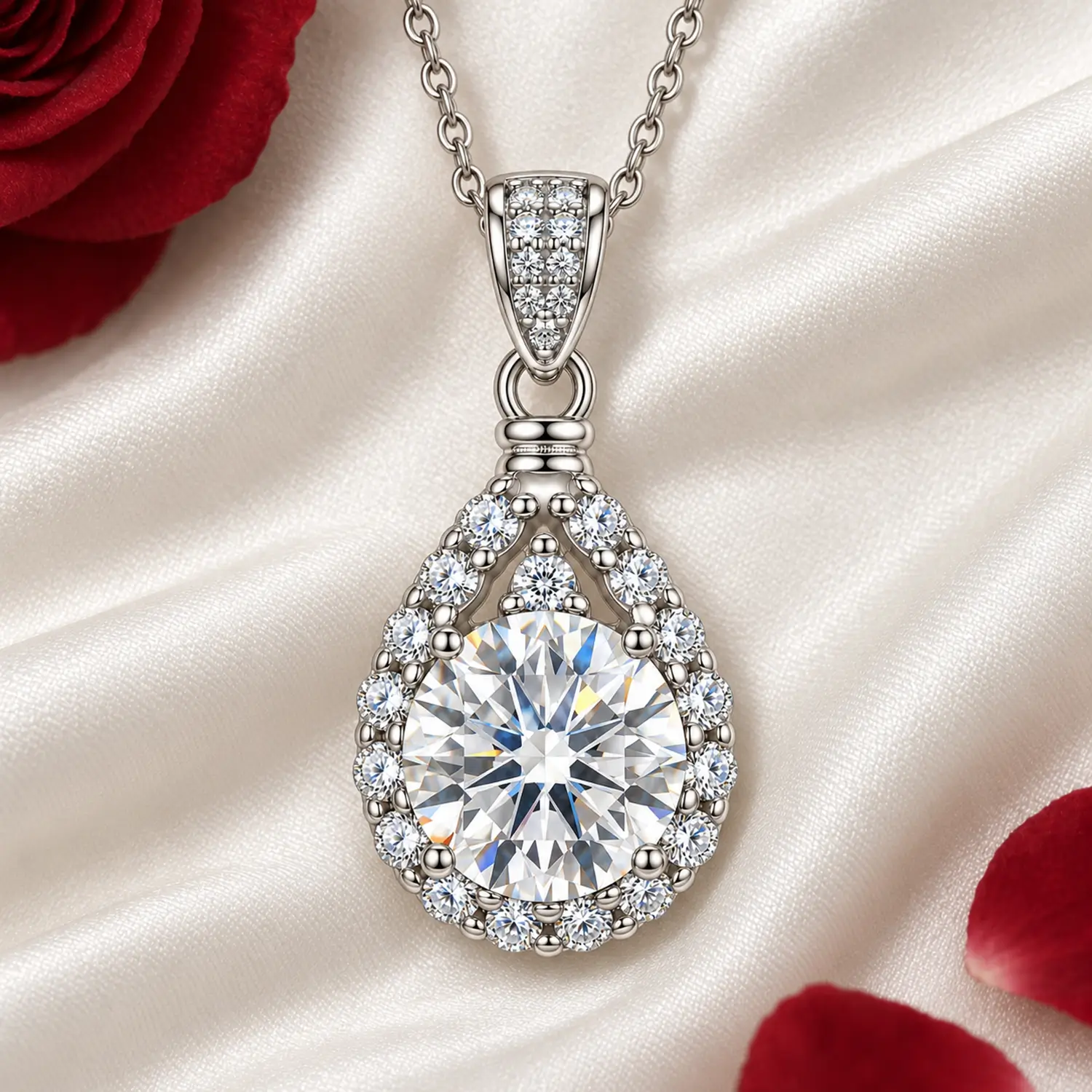 MARDAZA Teardrop Halo Round Cut Sterling Silver Moissanite Necklace