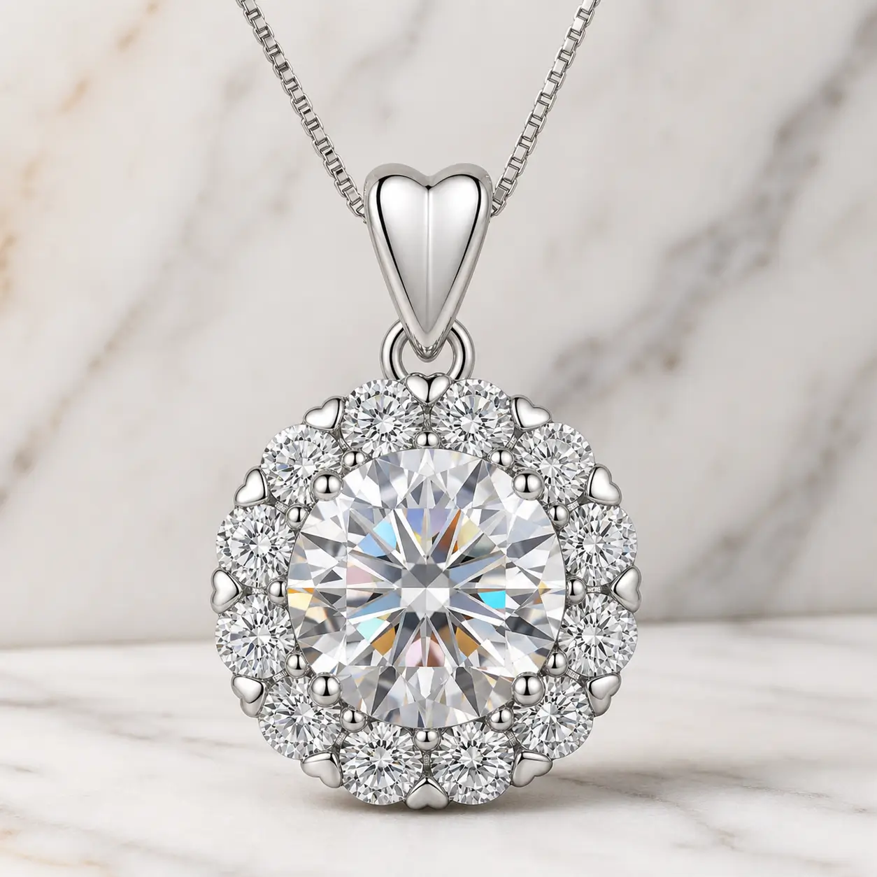 MARDAZA Sweetheart Halo Round Cut Sterling Silver Moissanite Necklace
