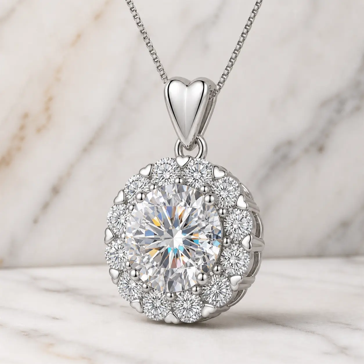 MARDAZA Sweetheart Halo Round Cut Sterling Silver Moissanite Necklace