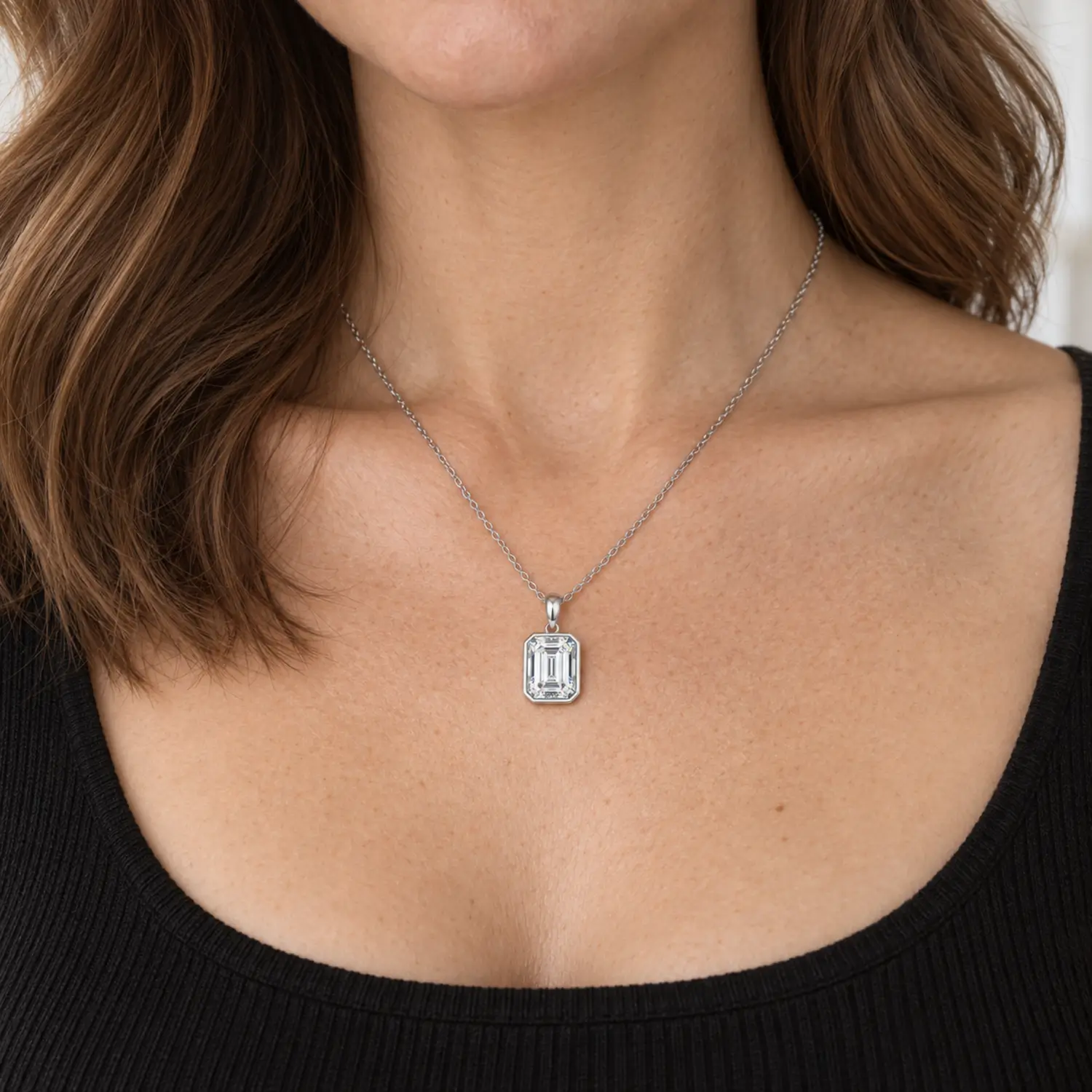 MARDAZA Classic Bezel Emerald Cut Moissanite Necklace