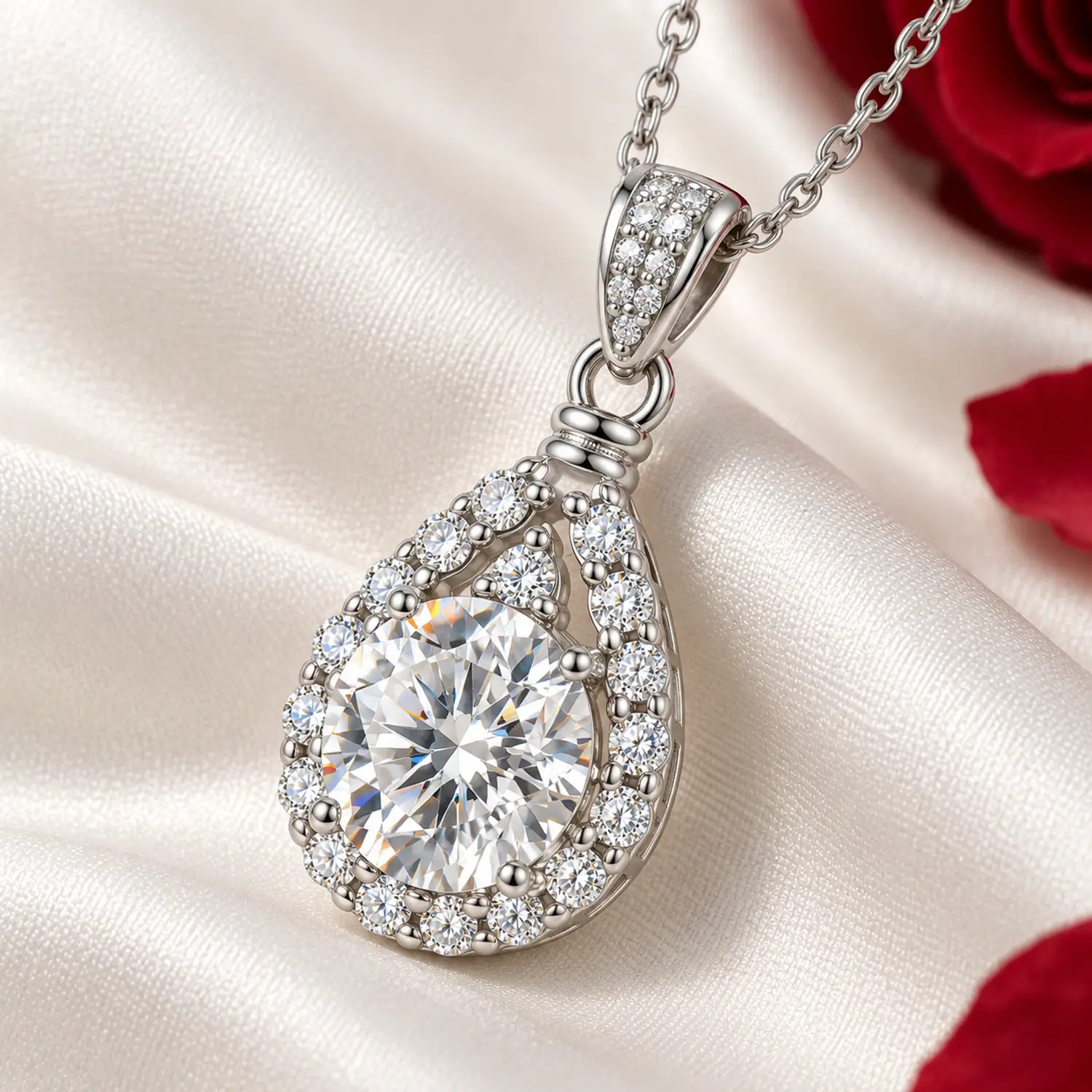 MARDAZA Teardrop Halo Round Cut Sterling Silver Moissanite Necklace