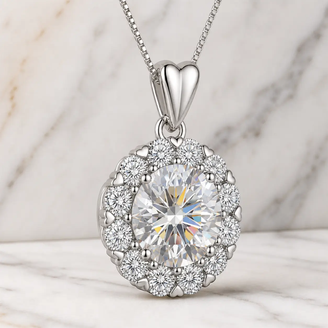 MARDAZA Sweetheart Halo Round Cut Sterling Silver Moissanite Necklace