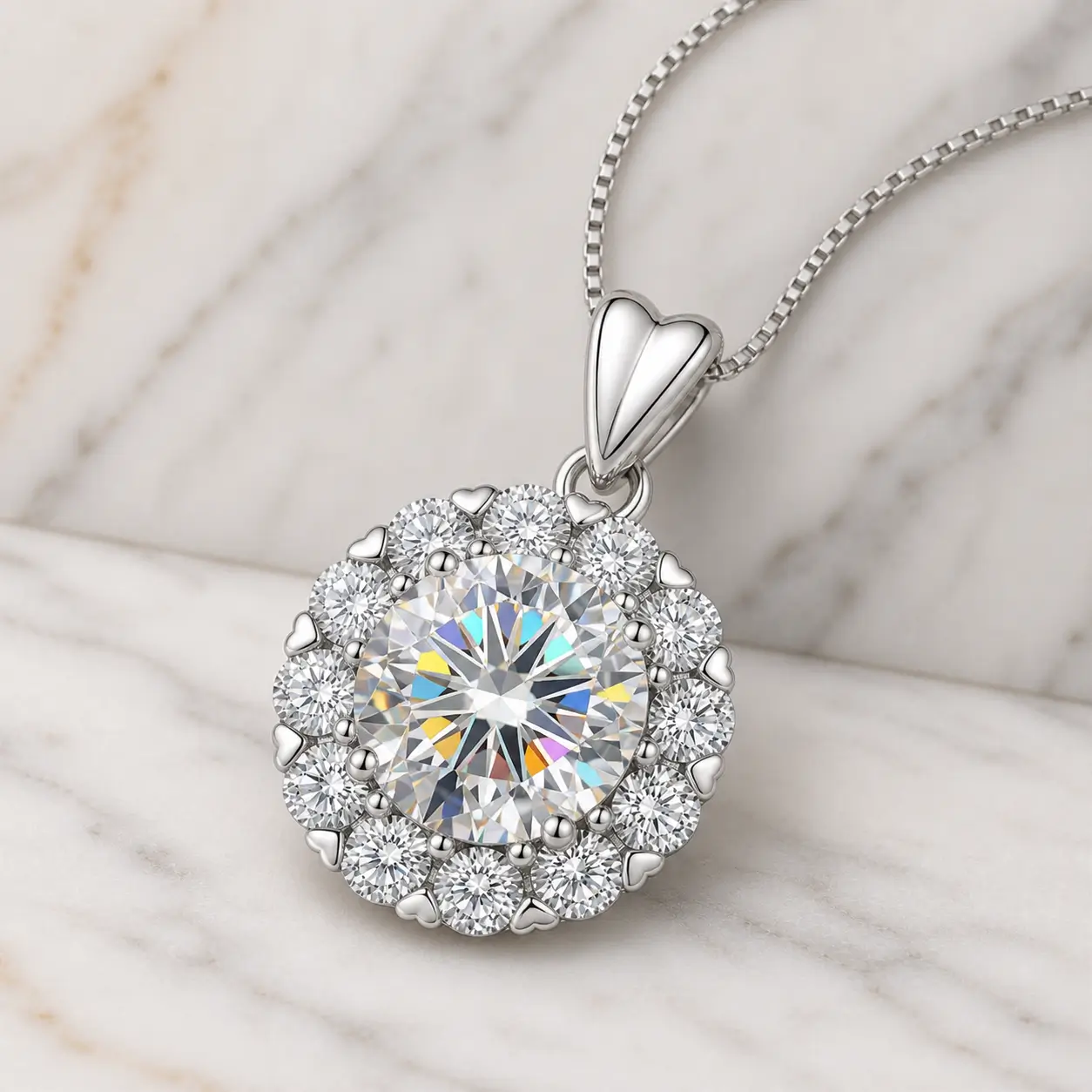MARDAZA Sweetheart Halo Round Cut Sterling Silver Moissanite Necklace