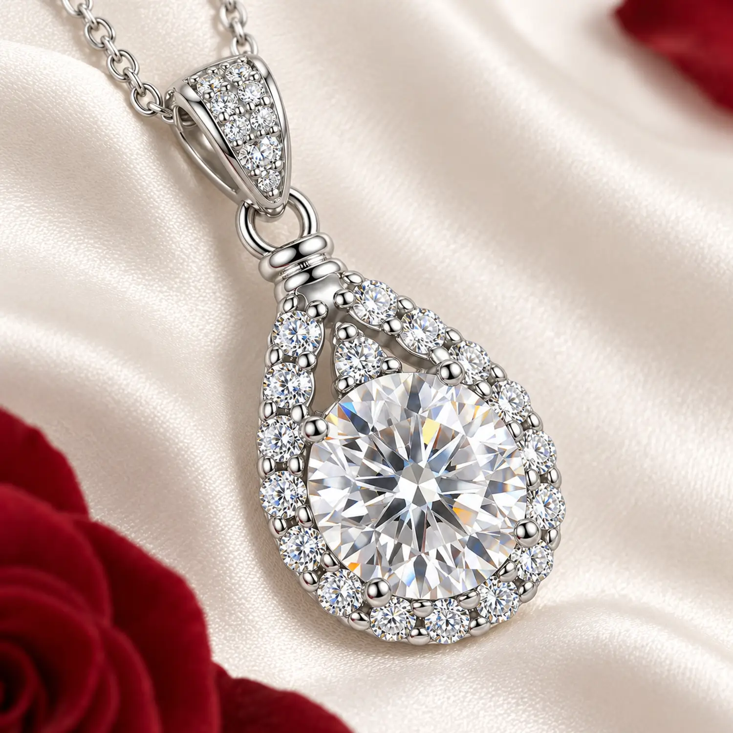 MARDAZA Teardrop Halo Round Cut Sterling Silver Moissanite Necklace