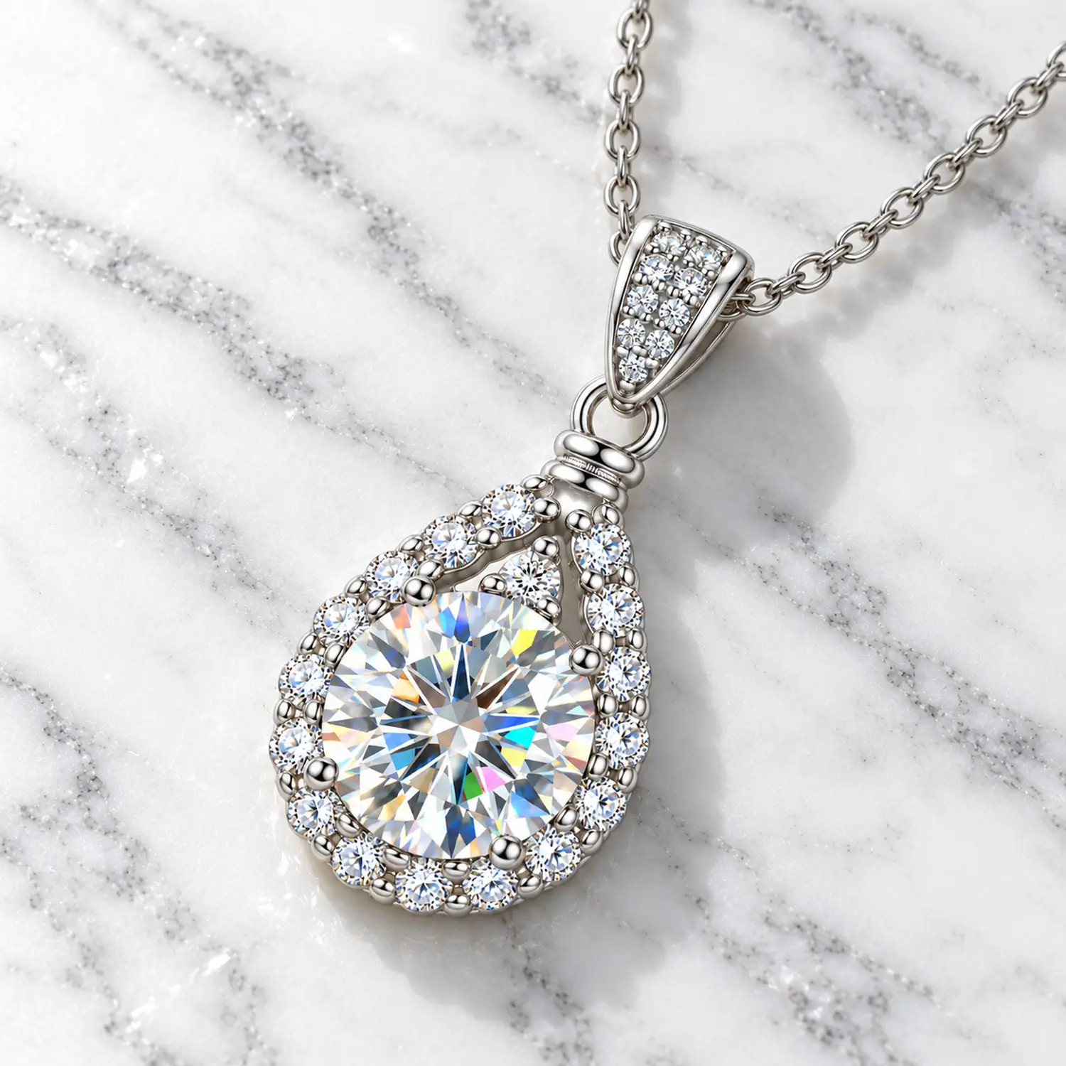 MARDAZA Teardrop Halo Round Cut Sterling Silver Moissanite Necklace