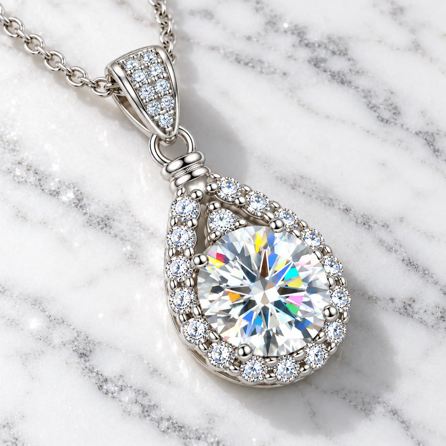 MARDAZA Teardrop Halo Round Cut Sterling Silver Moissanite Necklace
