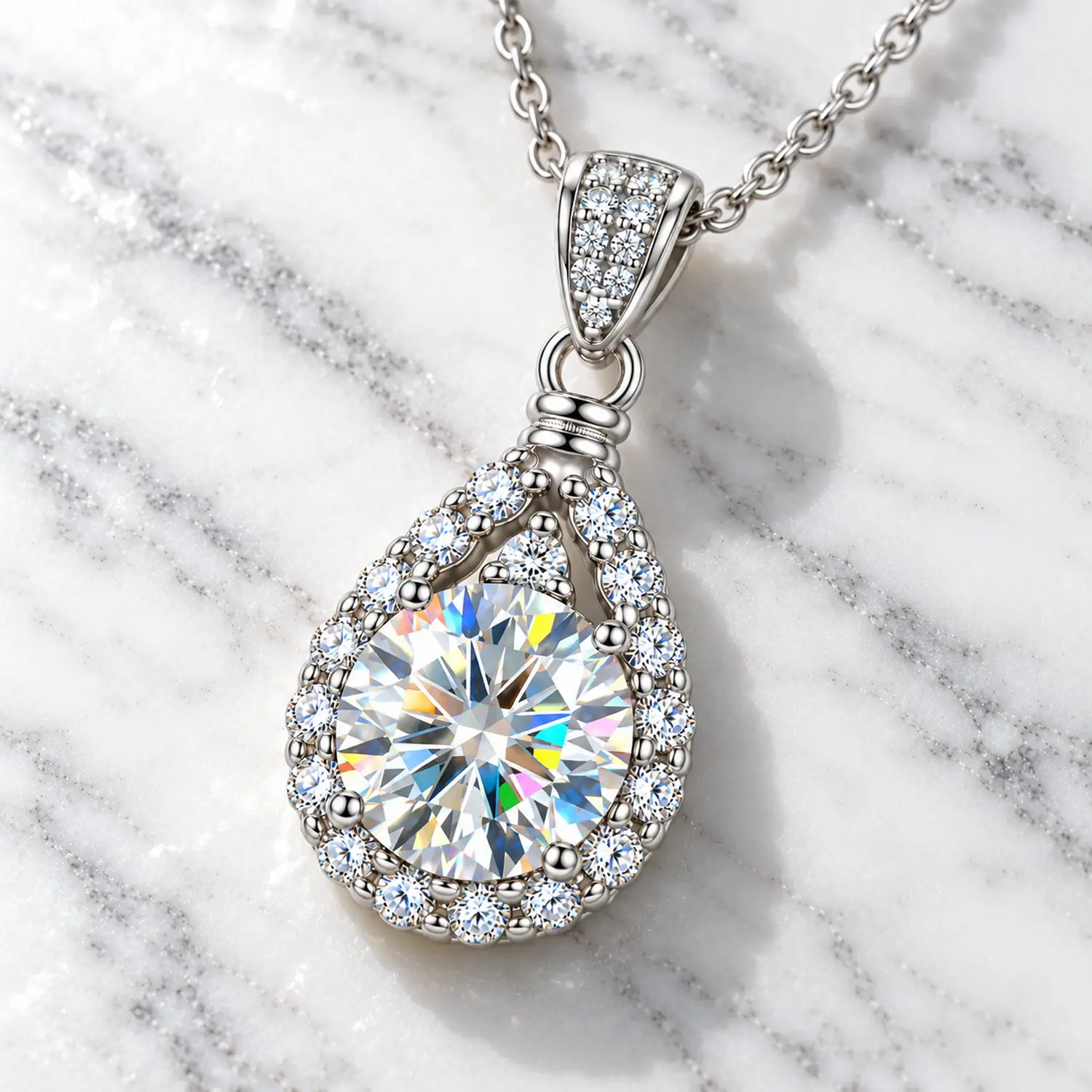 MARDAZA Teardrop Halo Round Cut Sterling Silver Moissanite Necklace