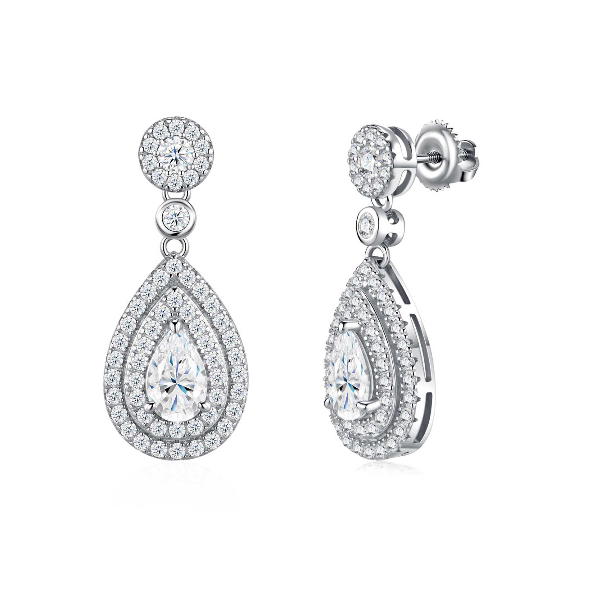 MARDAZA Double Halo Pear Cut Moissanite Sterling Silver Drop Earrings
