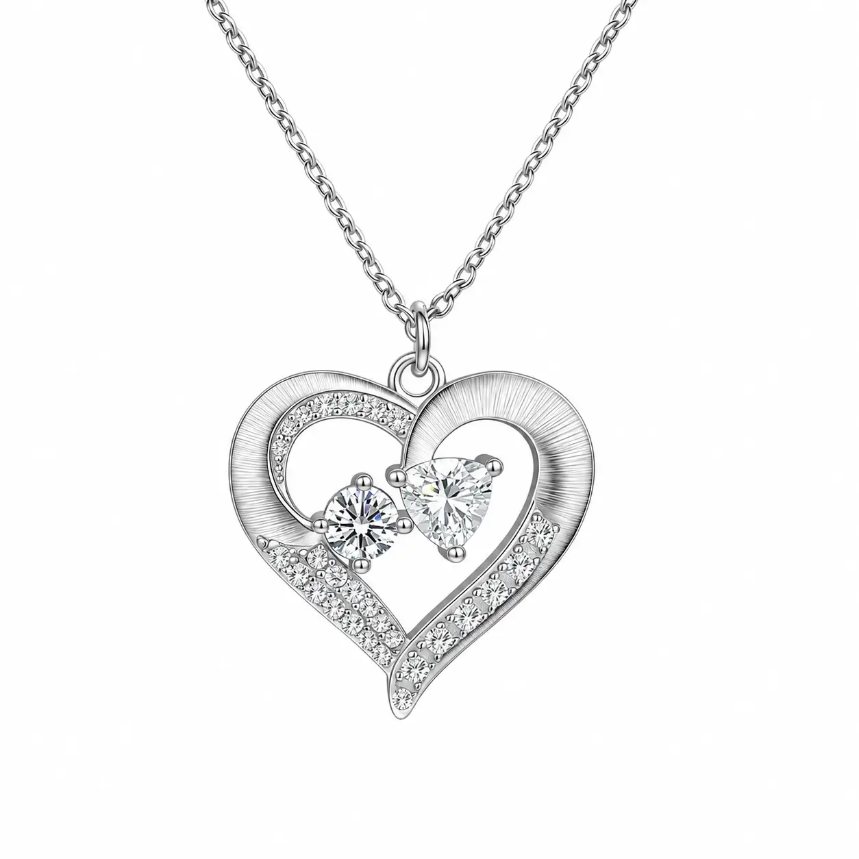 MARDAZA Brushed Heart Duet Moissanite Sterling Silver Necklace