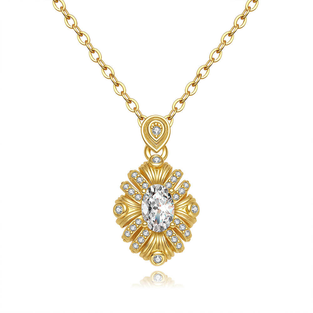 MARDAZA Sunburst Oval Cut Golden Sterling Silver Moissanite Necklace