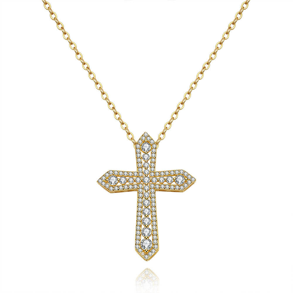 MARDAZA Radiant Cross Round Cut Golden Sterling Silver Moissanite Necklace
