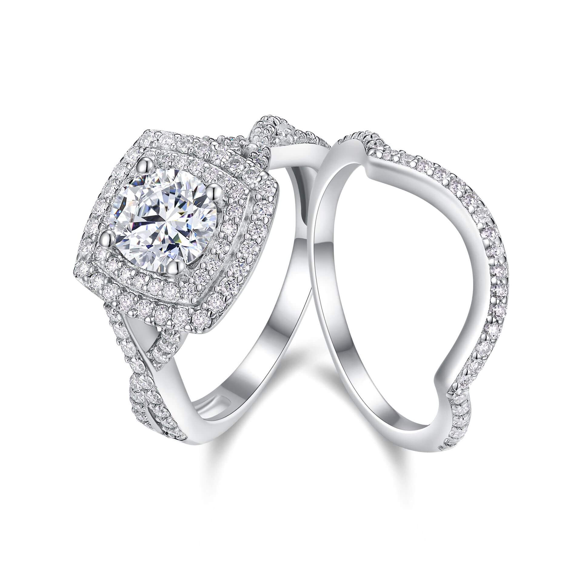 MARDAZA Stackable Double Halo Round Cut Sterling Silver Moissanite Ring Set