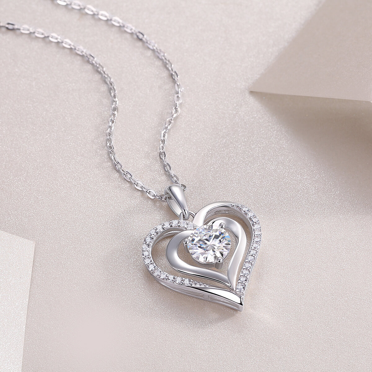 MARDAZA Radiant Double Heart Round Cut Sterling Silver Moissanite Necklace